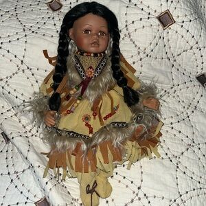 Indian girl porcelain and stuffed doll with costume 15 1/2”